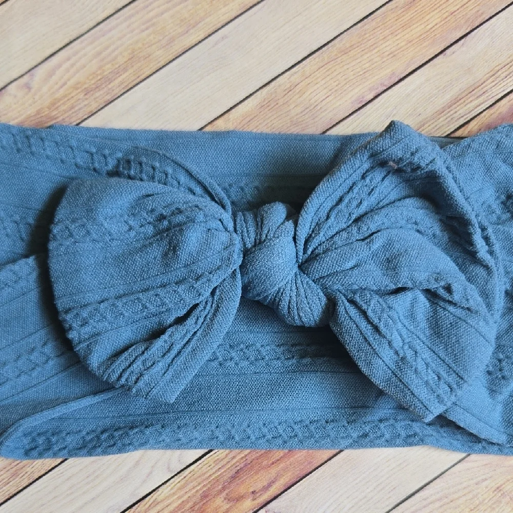 ​Dusty Blue Cable Knit Baby Headband Oversized Bow Soft Stretchy Nylon Hairband